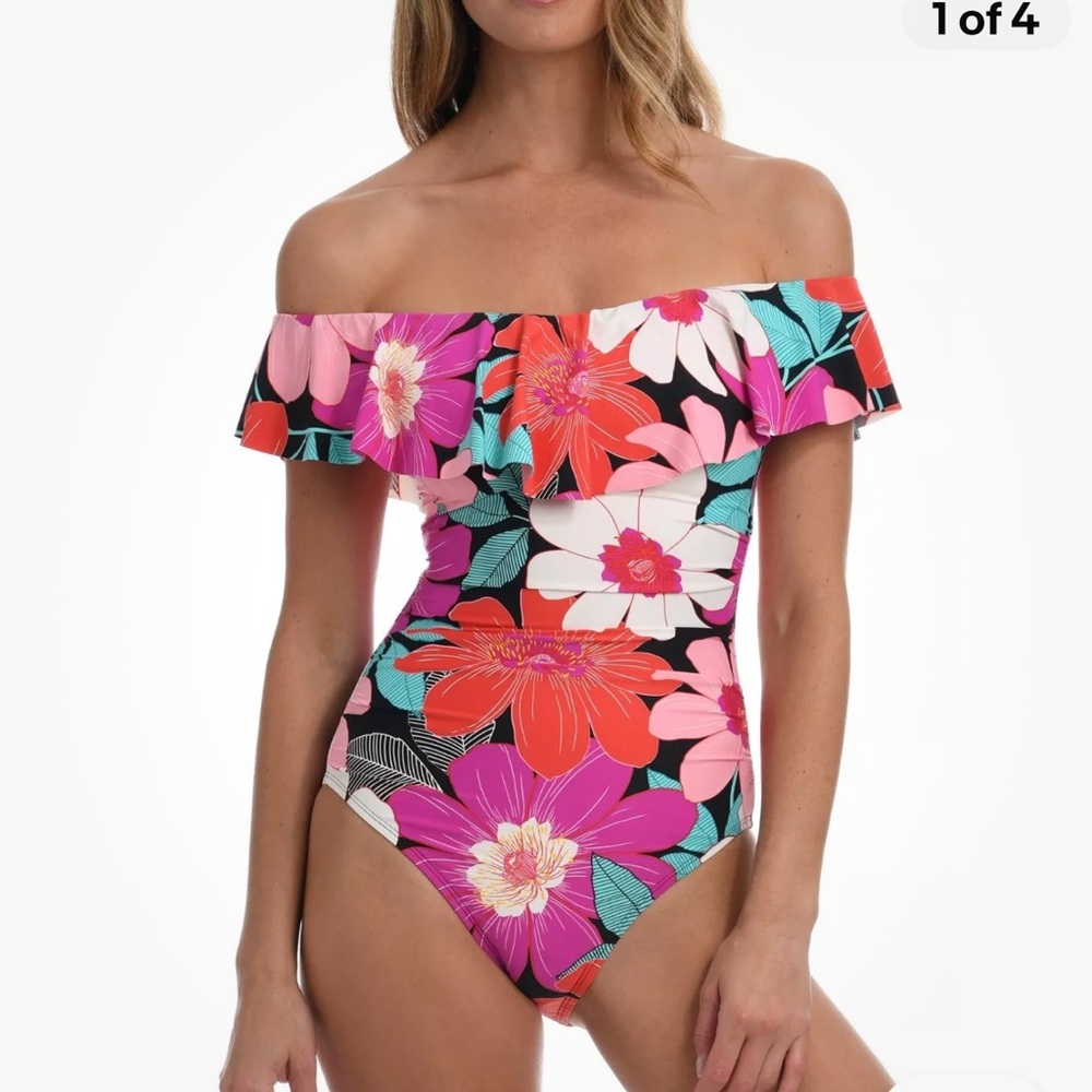 La Blanca Full Bloom On/Off the shoulder floral one piece swimsuit Size 10